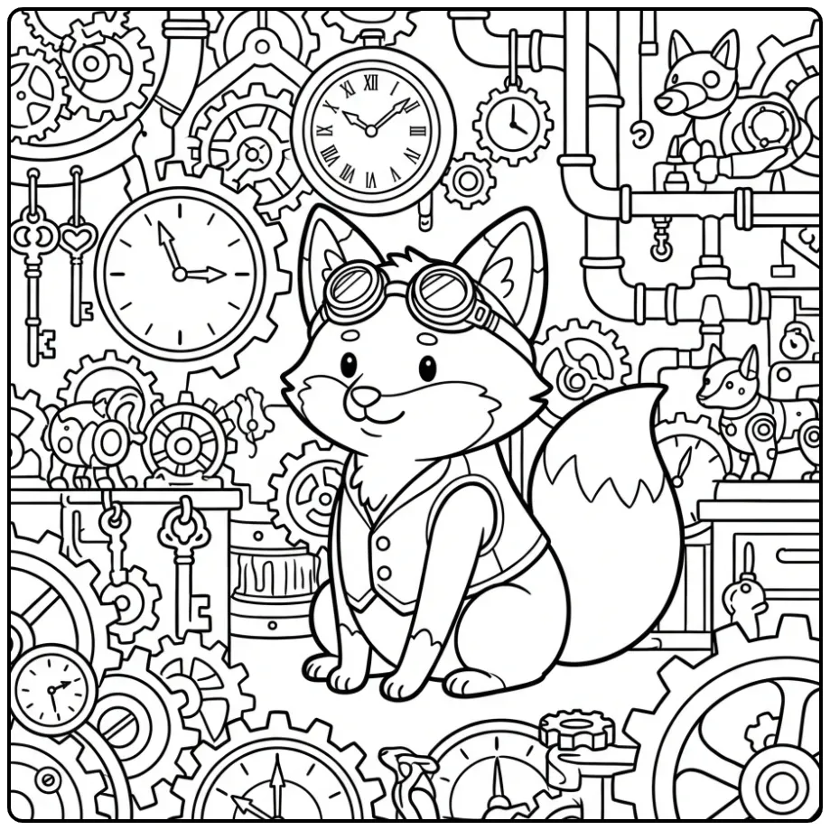 Difficult fox coloring page in steampunk style