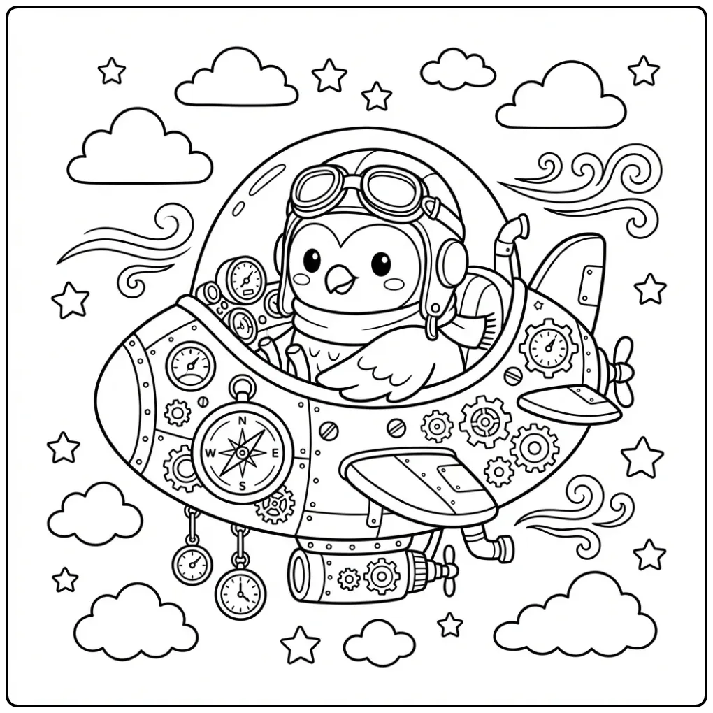 Difficult steampunk owl coloring page with gears