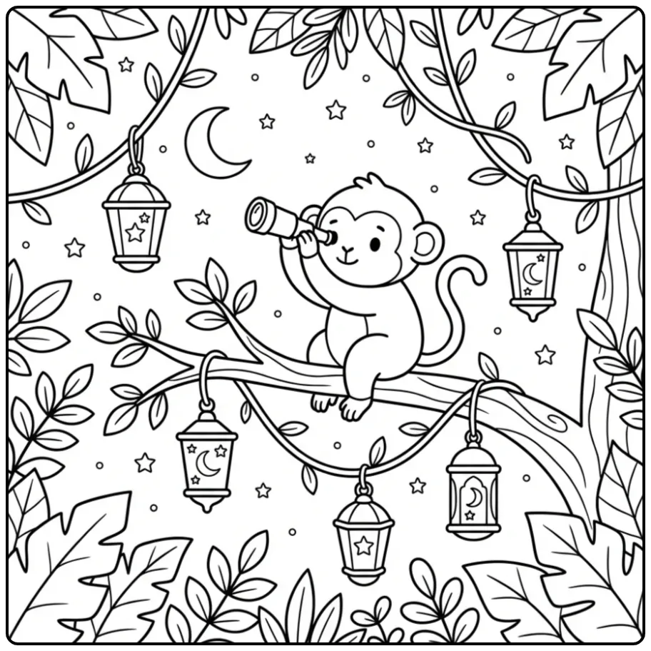 Monkey in tree coloring page with stars and moon