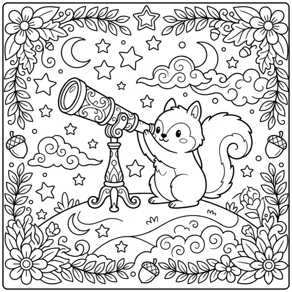 Detailed squirrel coloring page looking through a telescope