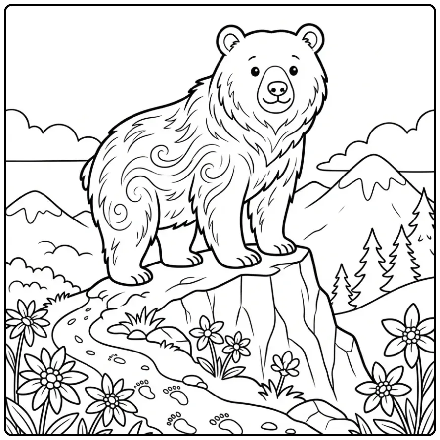Bear coloring page on a mountain peak with clouds and flowers