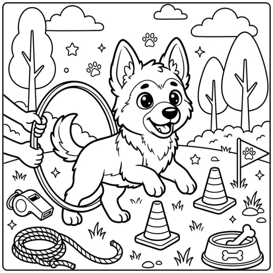 Tough German Shepherd Pup with Training Hoop coloring page