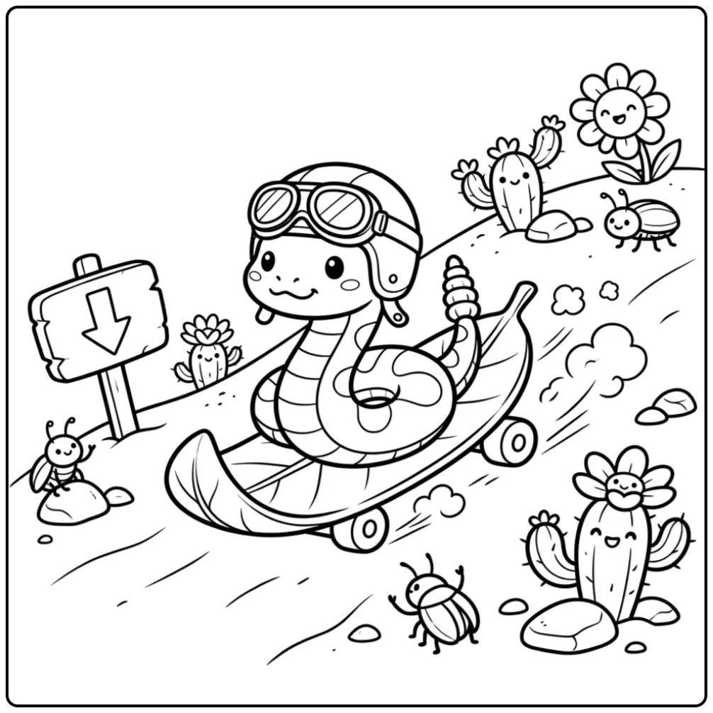 Rattlesnake coloring page skating in the desert