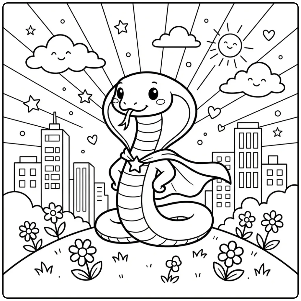 Cobra coloring page with a superhero cape and city