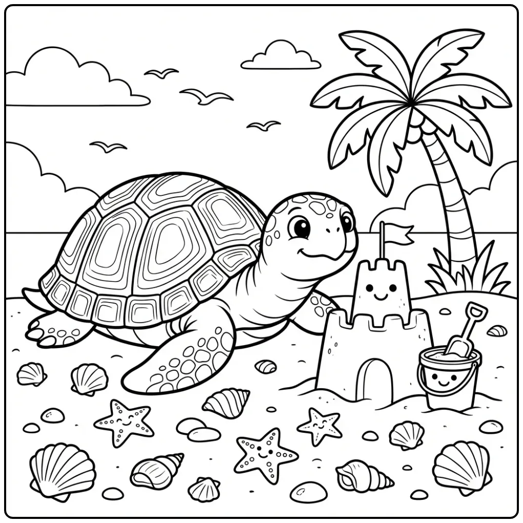 Easy turtle coloring page with a palm tree and bucket