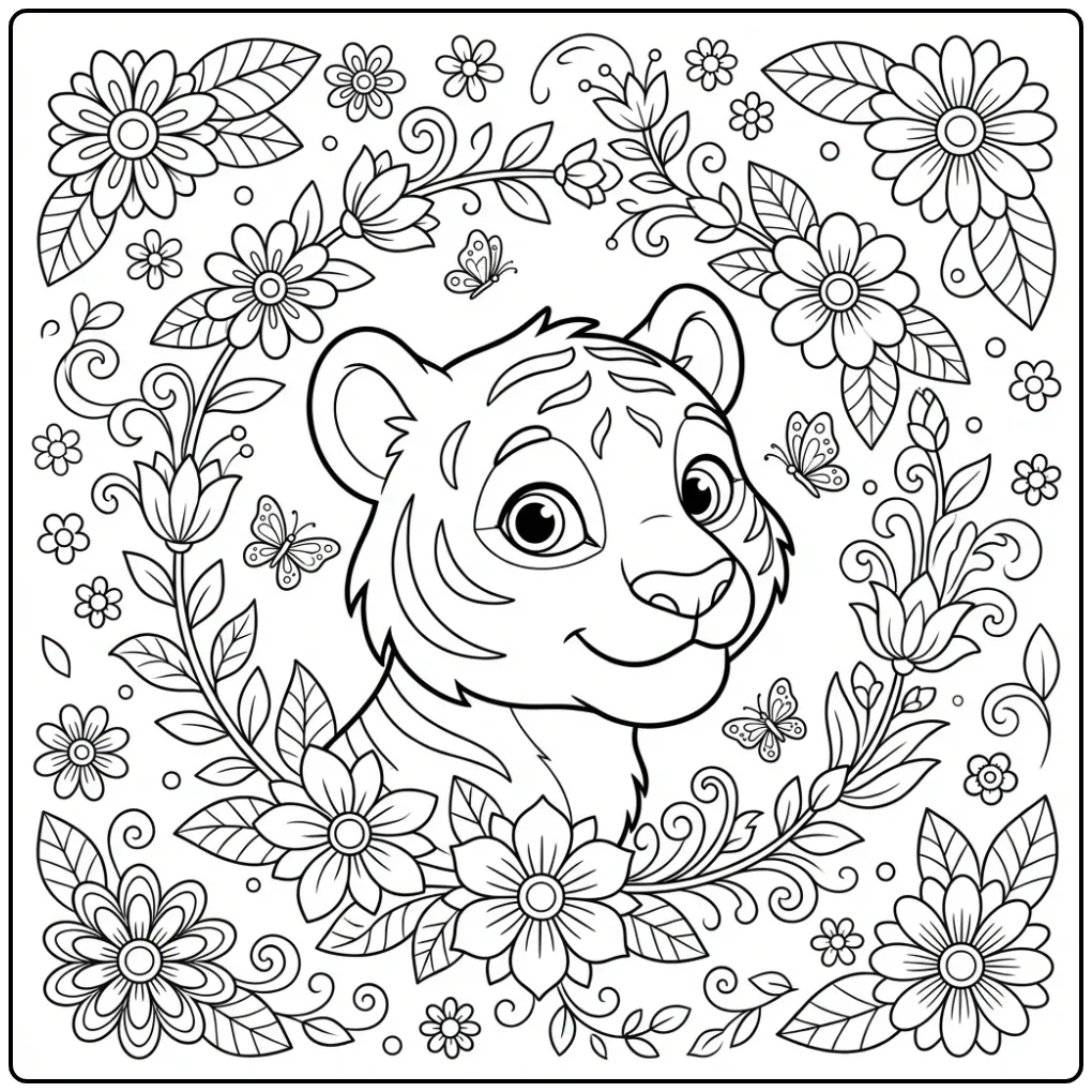 Tiger head coloring page with flowers and butterflies