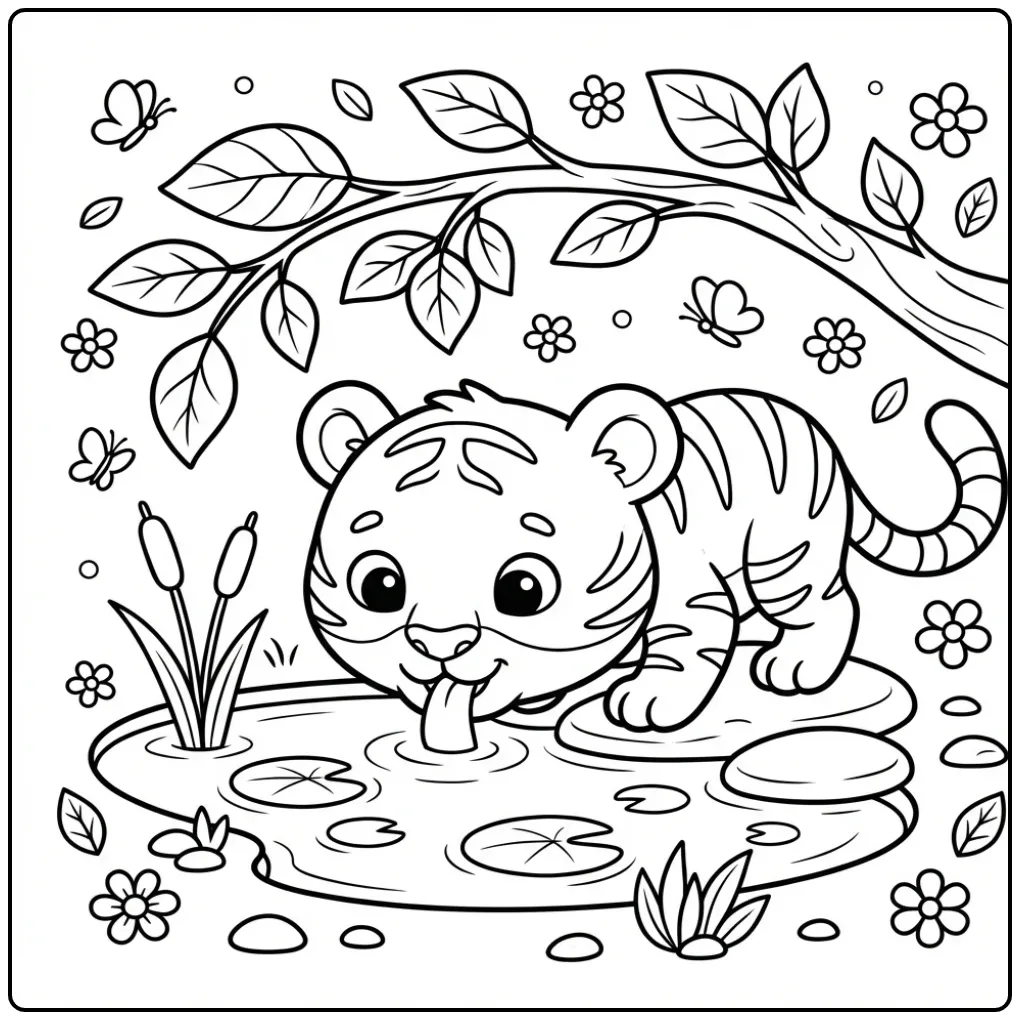 Easy tiger coloring page drinking by a pond