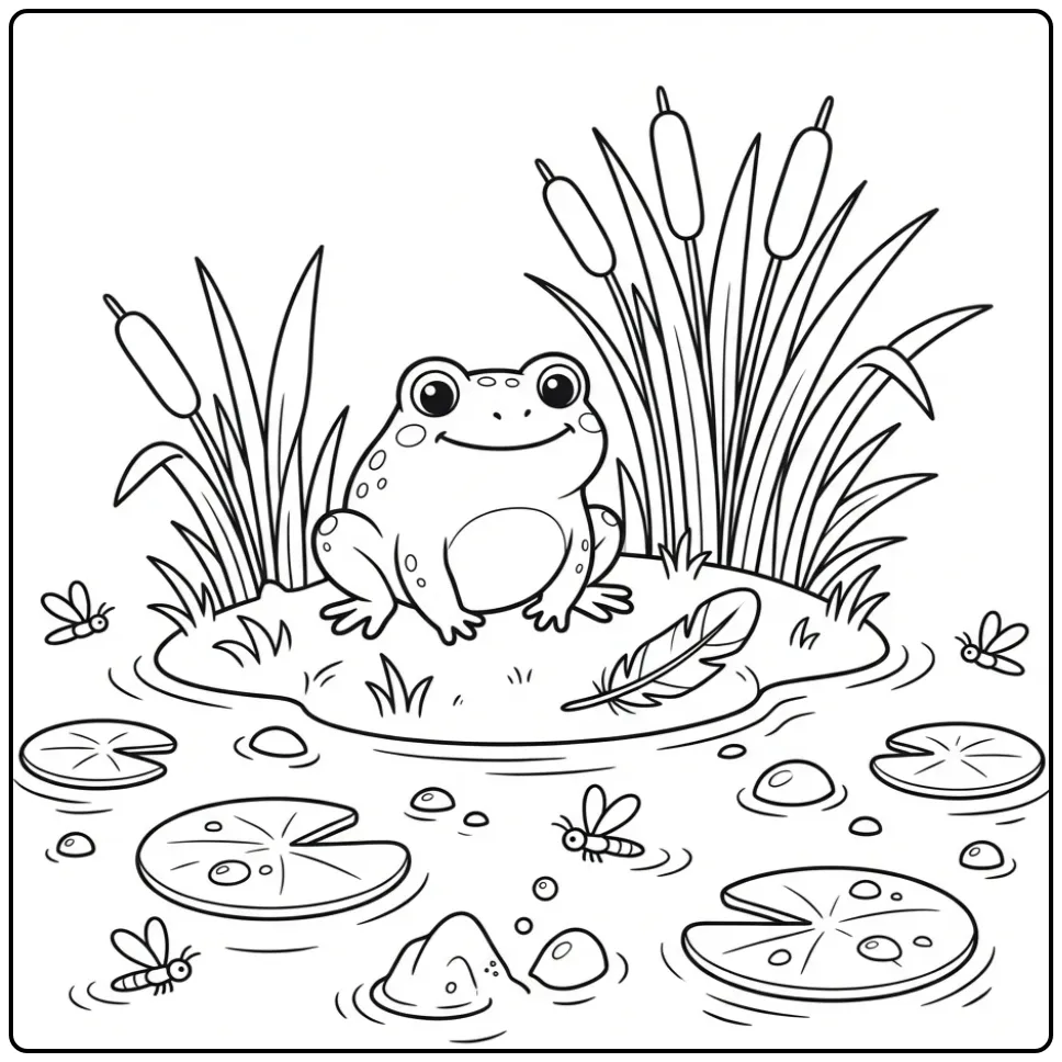 Toad coloring page with reeds and water lilies in a marsh
