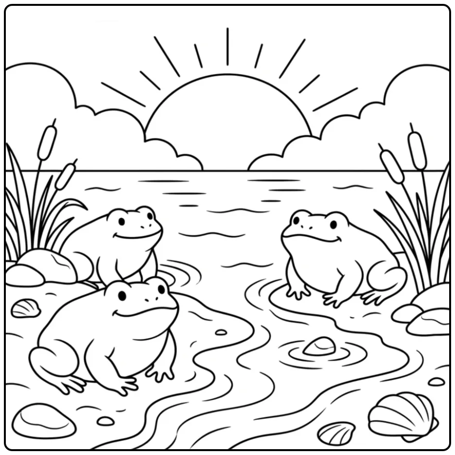 Cute toad coloring page with toads at sunrise by a lake