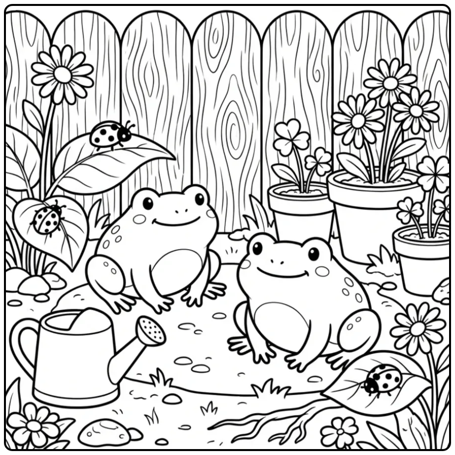 Cute toad coloring page with two toads in a garden