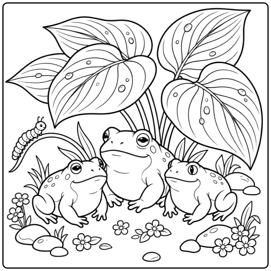 Toad coloring page with three toads under hosta leaves