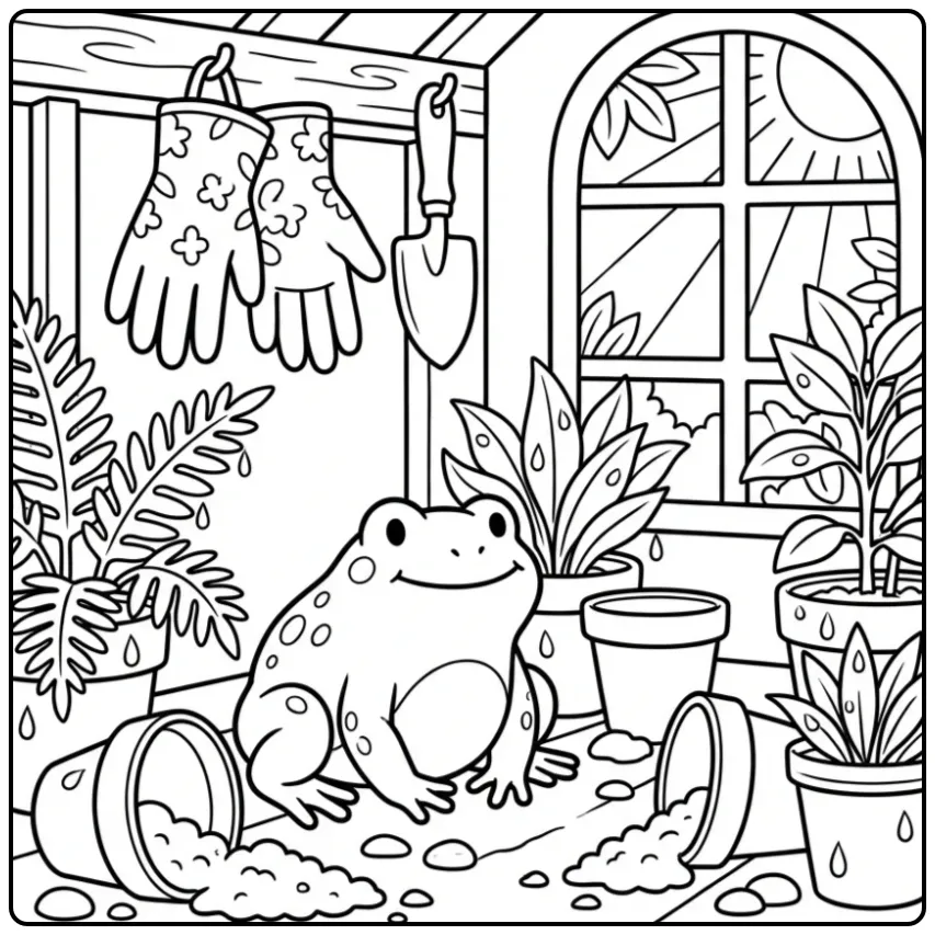 Detailed toad coloring page in a greenhouse