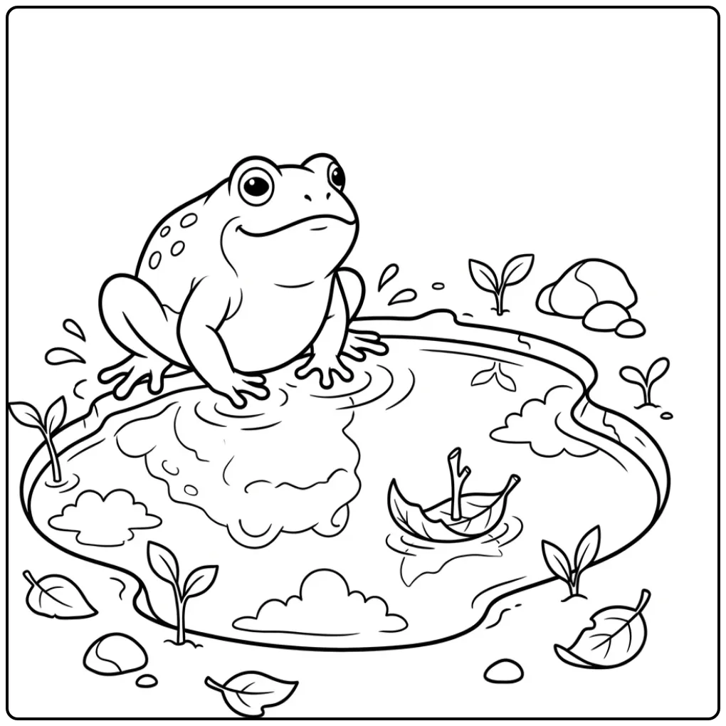 Cute toad coloring page beside a rain puddle