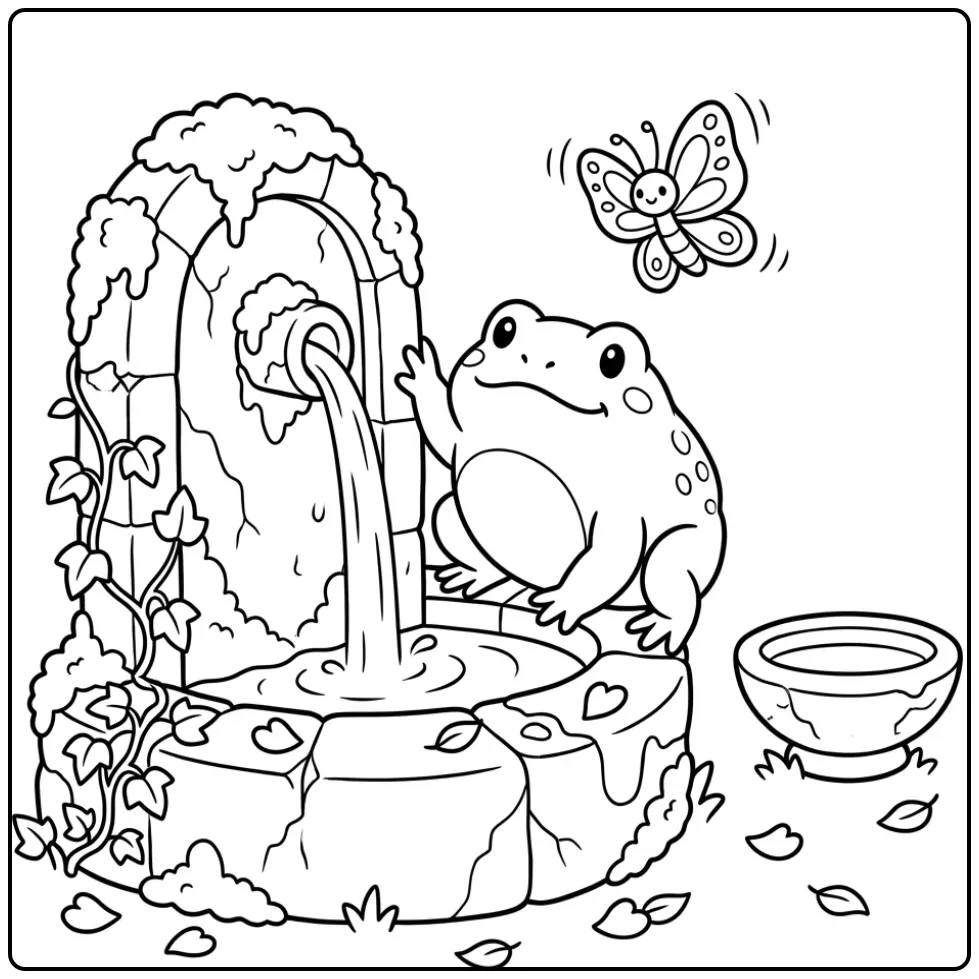 Toad coloring page on a mossy fountain with a butterfly