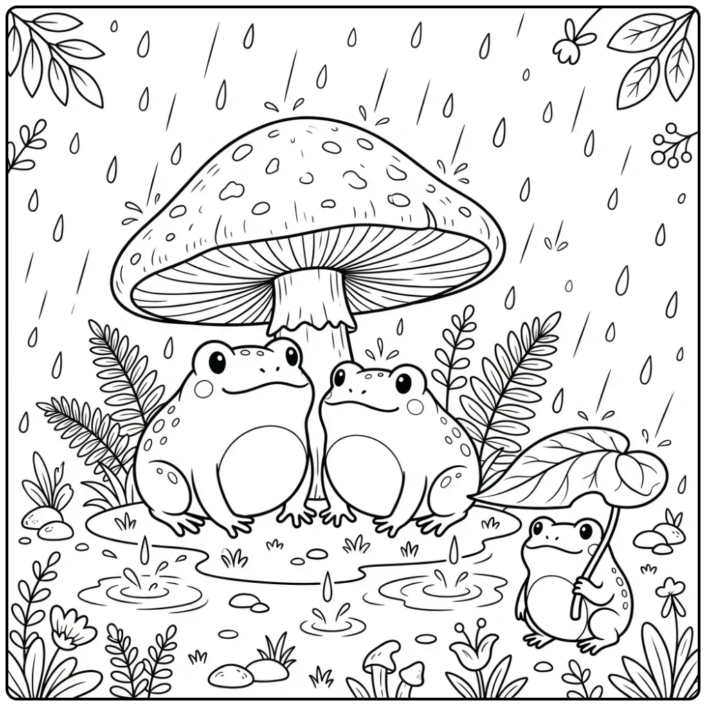 Cute toad coloring page with rain and mushrooms