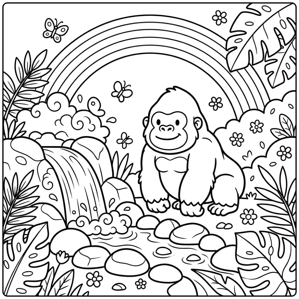 Gorilla coloring page by a waterfall and rainbow