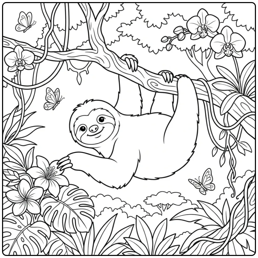 Cute sloth coloring page reaching for leaves