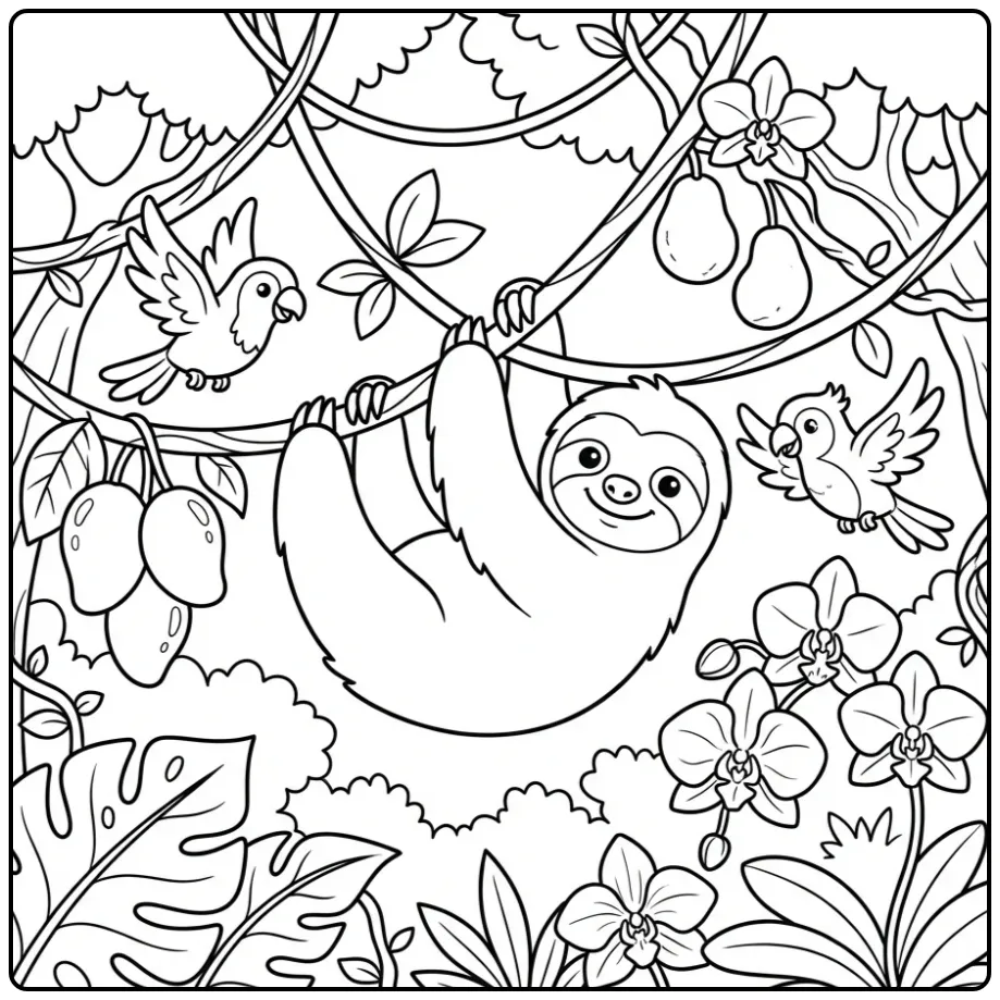 Happy sloth coloring page hanging from a branch