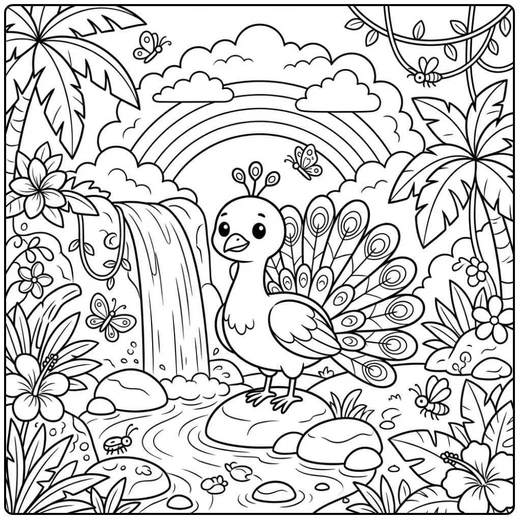 Peacock coloring page by a tropical waterfall