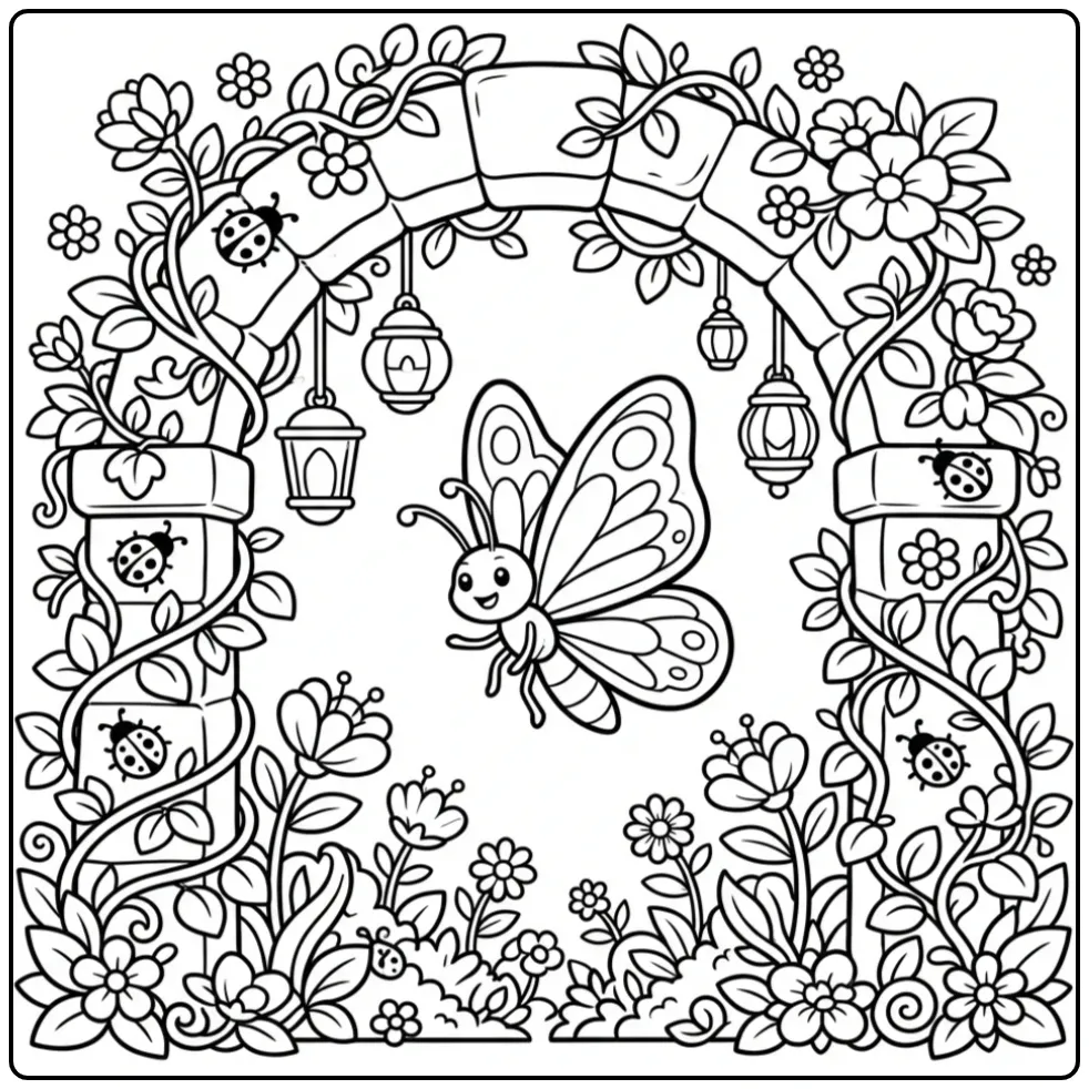 Adult butterfly coloring page in a garden with a flower arch