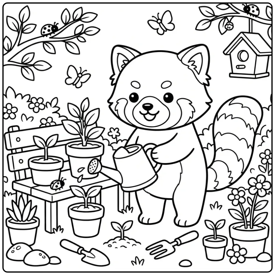 Cute red panda coloring page watering flowers
