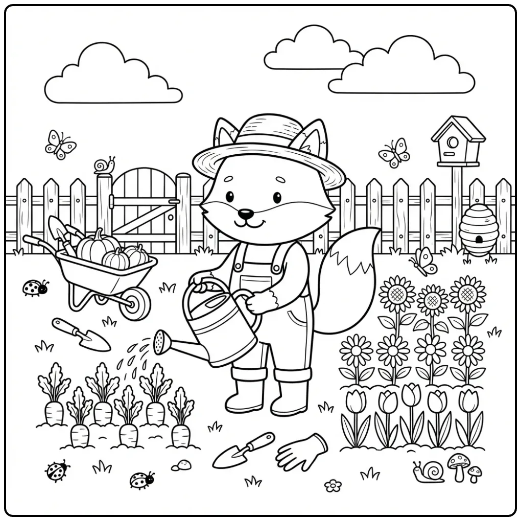 Fox coloring page in a vegetable garden with a watering can