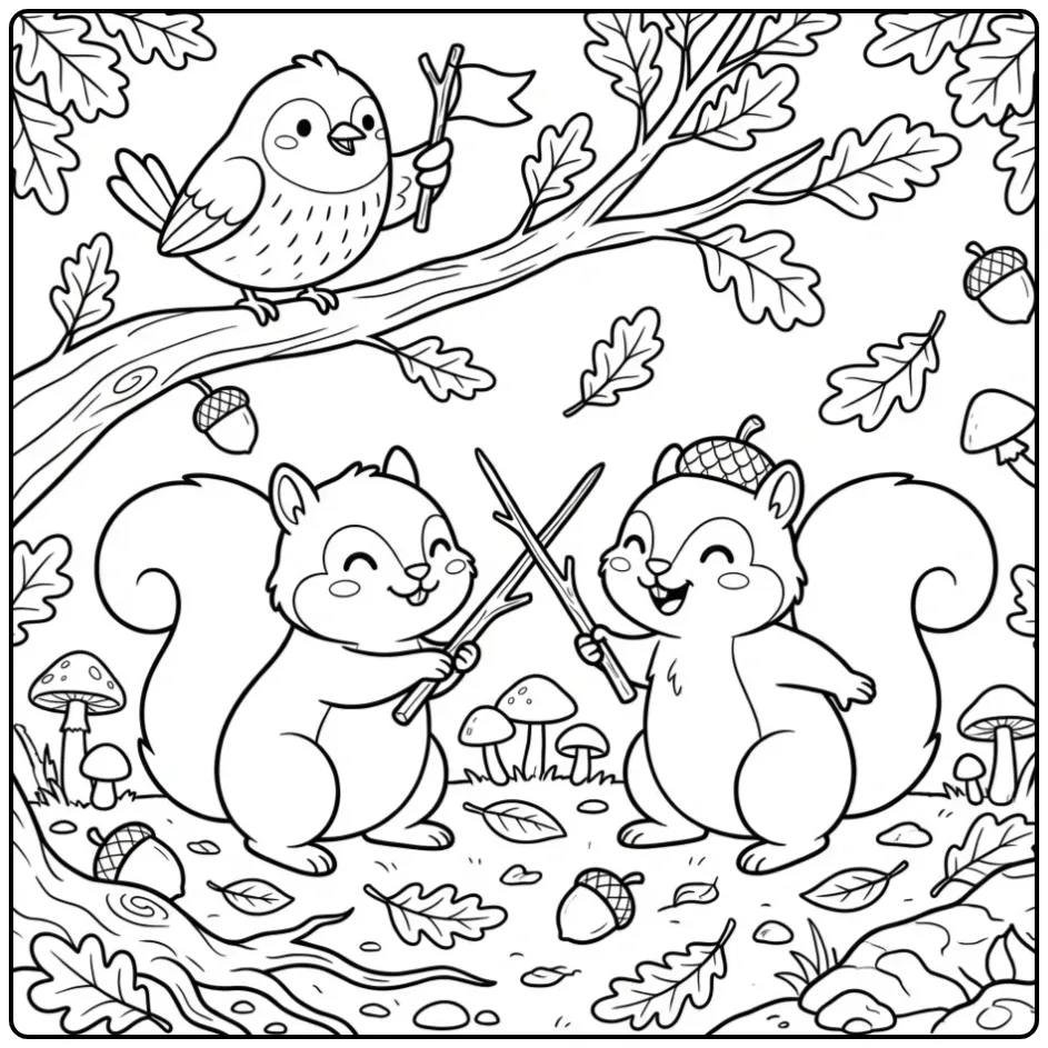 Two squirrels coloring page having a playful stick duel