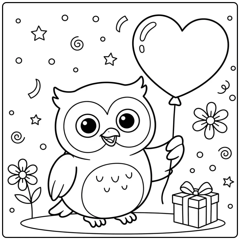 Simple owl coloring page with a heart balloon and flowers
