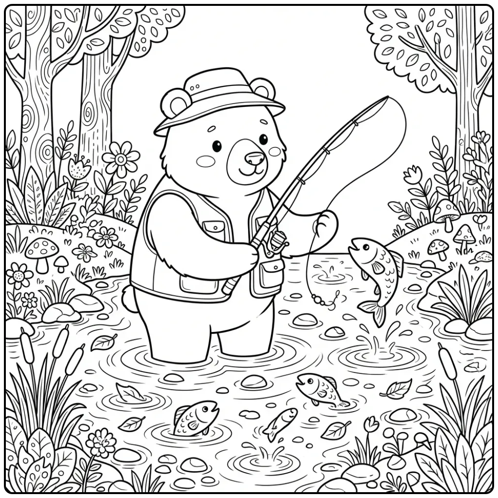 Difficult bear coloring page fishing in a river