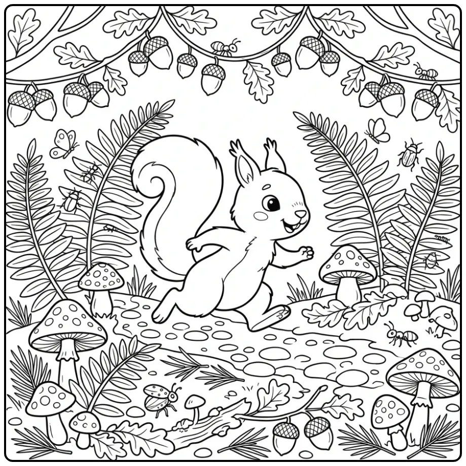 Detailed squirrel coloring page on a busy forest path