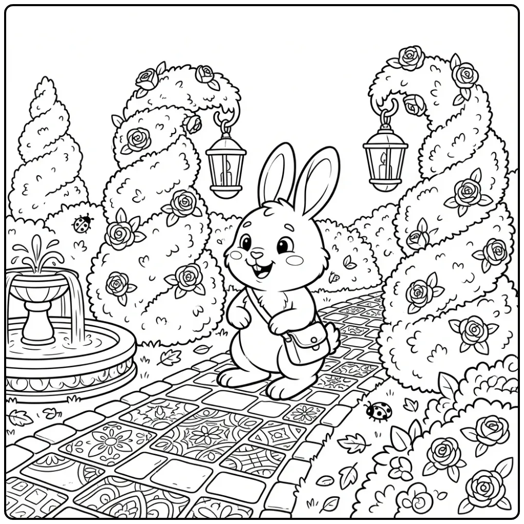 Difficult rabbit coloring page in a garden maze