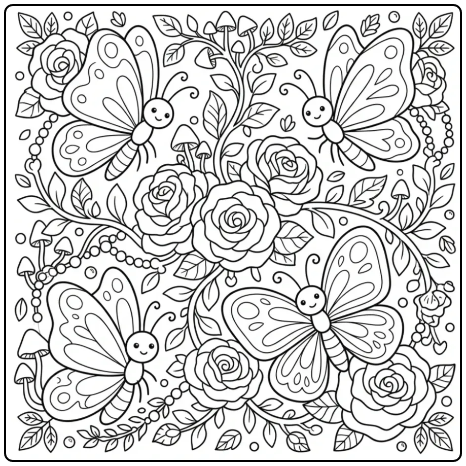 Difficult butterfly coloring page with roses and nature