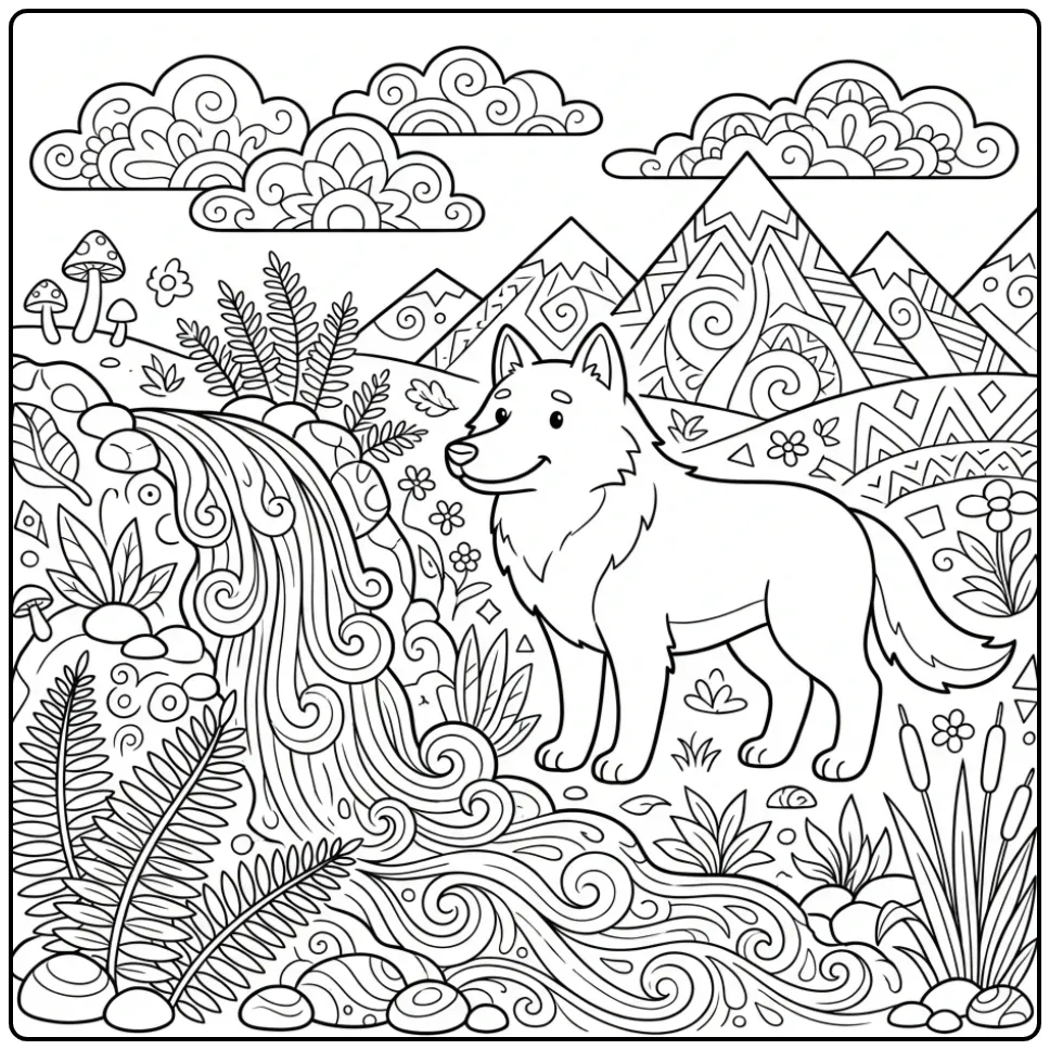 Hard wolf coloring page featuring a wolf by a waterfall