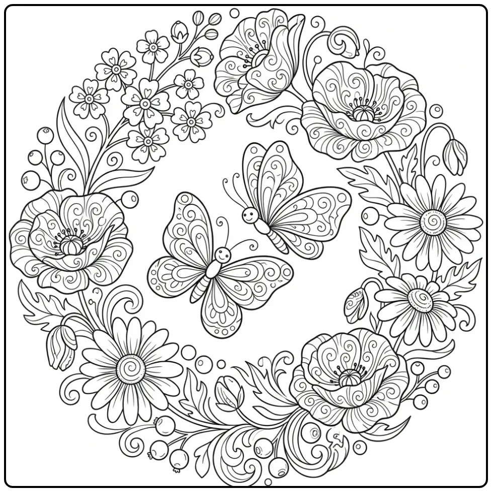 Difficult flowers and butterflies coloring page with a floral wreath