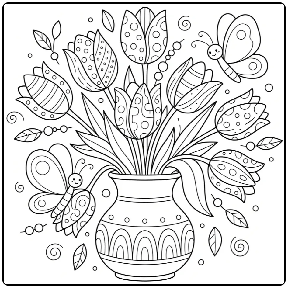 Adult flowers and butterflies coloring page with tulips in a vase