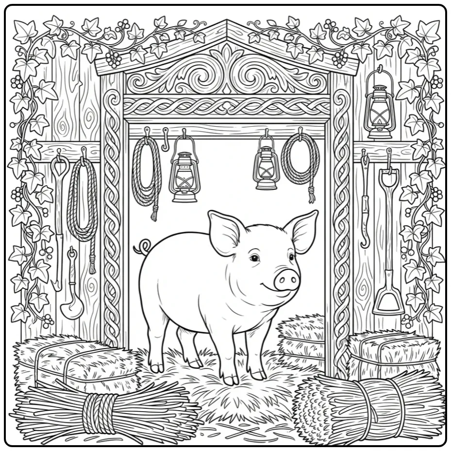 Adult pig coloring page in a detailed stable doorway