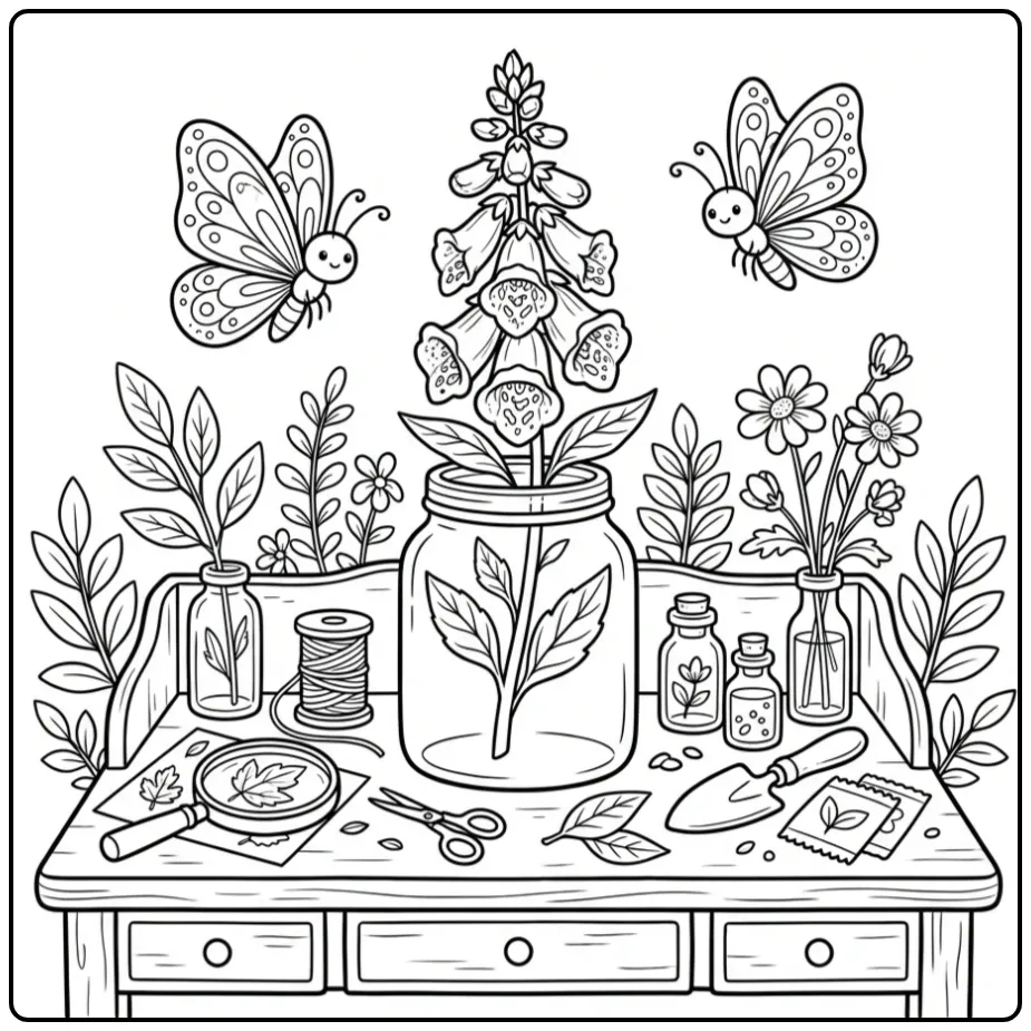 Difficult flowers and butterflies coloring page on a botanist desk