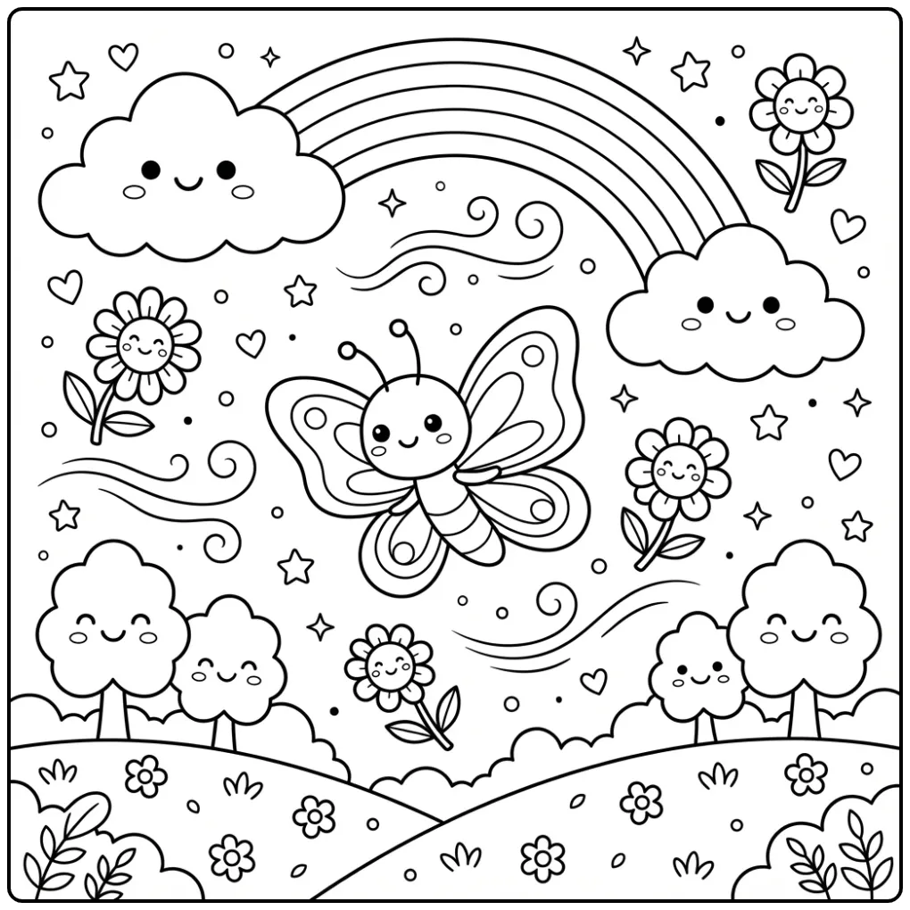 Simple butterfly coloring page with rainbow and clouds