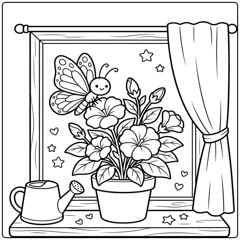Simple butterfly coloring page by a plant on a windowsill