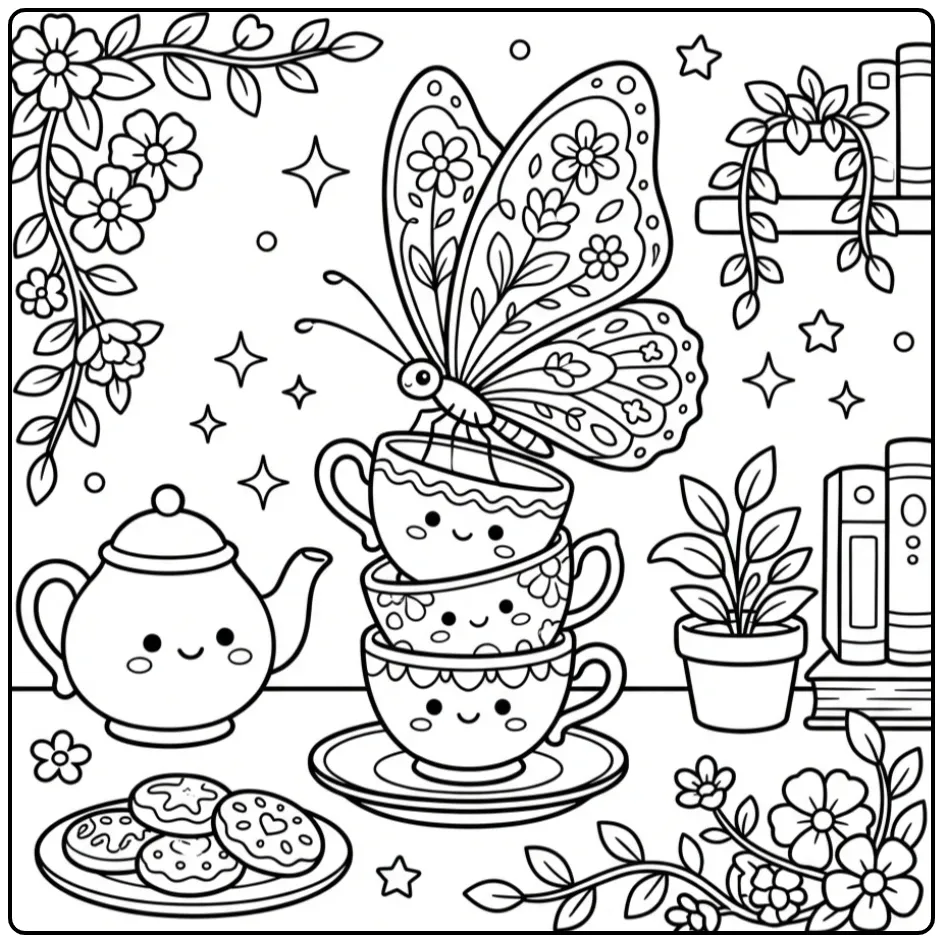 Adult butterfly coloring page on tea dishes
