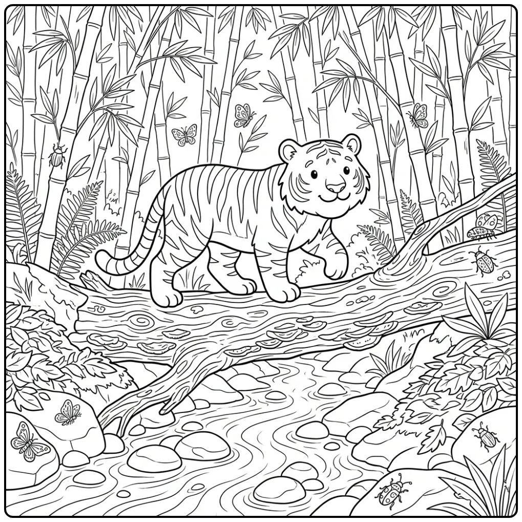 Difficult tiger coloring page on a log