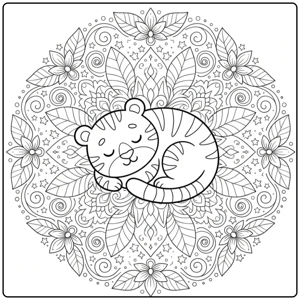 Round mandala tiger coloring page with flowers
