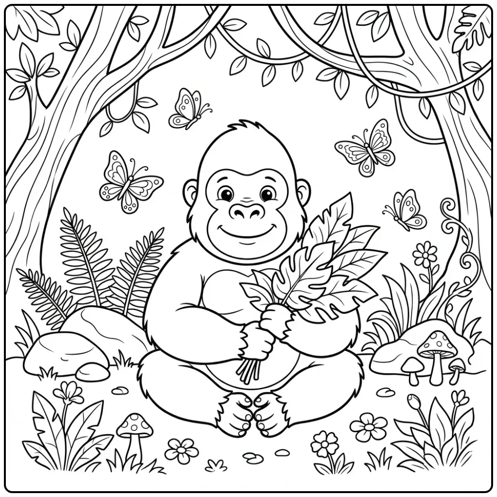 Gorilla coloring page sitting in the jungle with leaves
