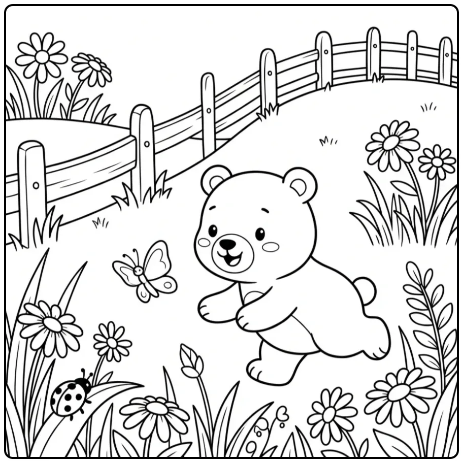 Teddy bear coloring page running after a butterfly