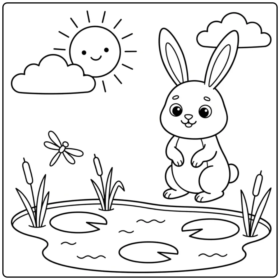 Easy rabbit coloring page by a sunny pond