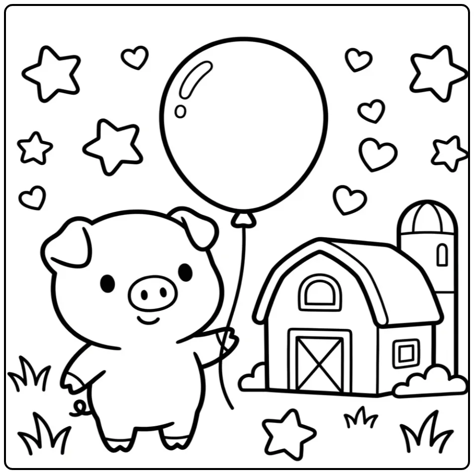 Toddler pig coloring page with a balloon and barn
