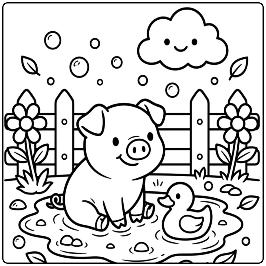 Toddler pig coloring page in mud with a duck