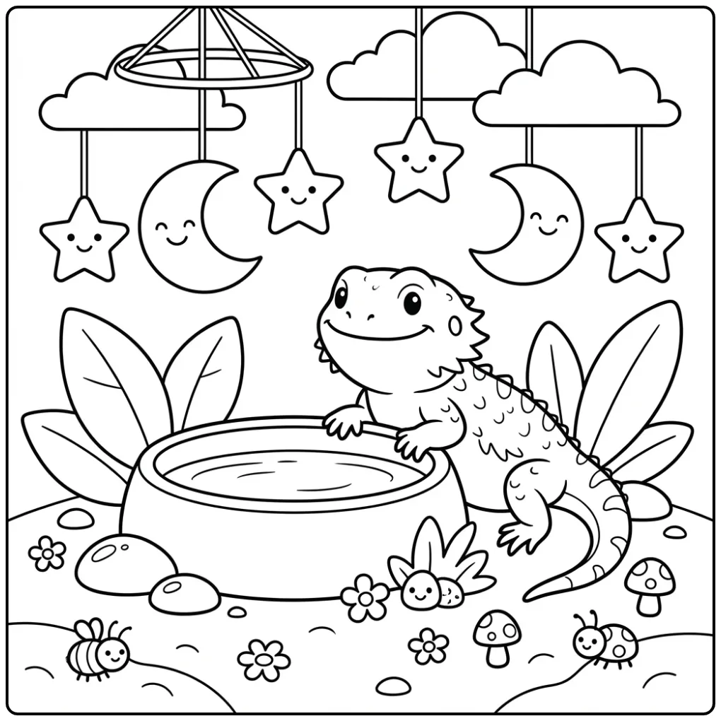 Toddler bearded dragon coloring page with a water bowl