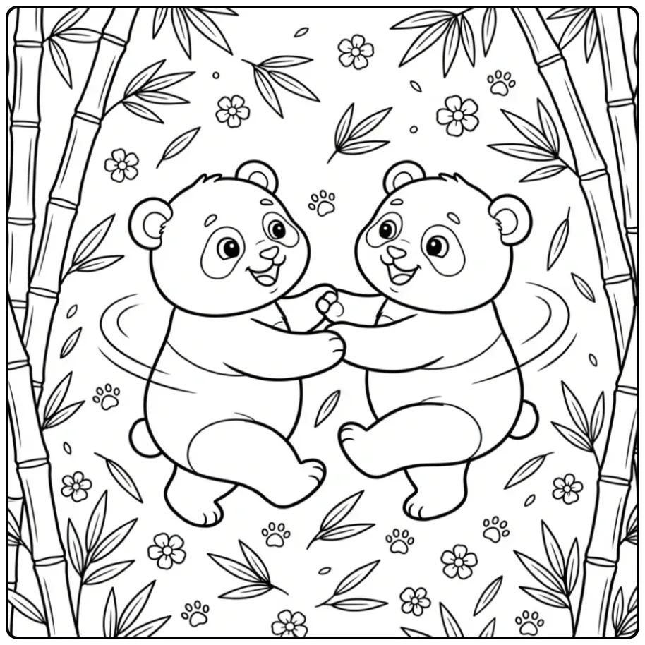 Baby panda coloring page with two dancing pandas