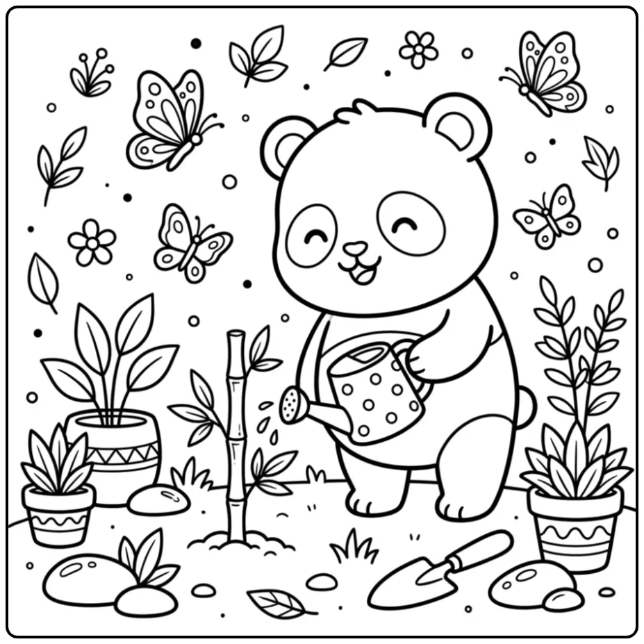 Baby panda coloring page watering bamboo